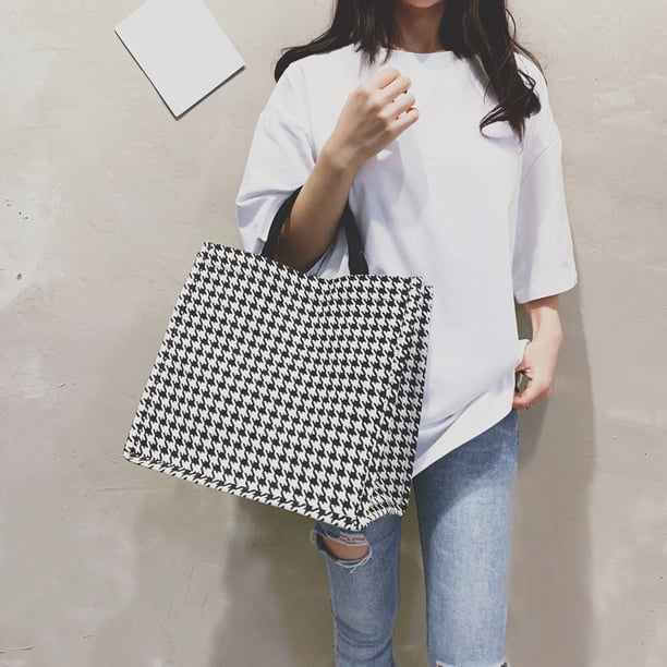 Bolsa Bolso de hombro con estampado de lona retro para mujer, bolso grande informal (pata de gallo) JShteea Para Estrenar