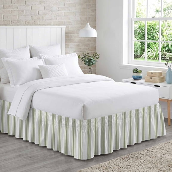 Sage Green Striped Bed Skirt King Size 16 Inch Drop, Modern Farmhouse Stripes Rustic Adjustable Elastic Dust Ruffles Bedskirt for King Bed Wrap Around Pleated Mattress Frame Cover