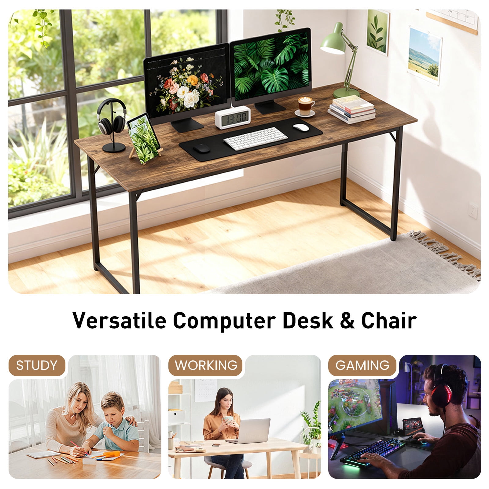 Dkelincs 47 inch Computer Desk and Chair Set Home Office Modern Wood Study Desk & Mesh Ergonomic Height Adjustable Office Chair for Small Spaces, Vintage & Black