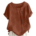 thumbnail image 3 of Scyoekwg Womens Summer Tops Trendy Plus Size Round Neck Button Shirts Casual Comfy Lightweight Solid Color Short Sleeve T Shirts Loose Blouses (Brown,XXXL), 3 of 6