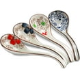 thumbnail image 1 of 4 PCS Chinese and Japanese Ceramic Soup Spoons Set Asian Retro Chinese Ceramic Rice Spoons Curved Handle Ramen Soup Spoon Painted Flower Ceramic Spoons with Long Handle for Salad, Flower 5, 1 of 4