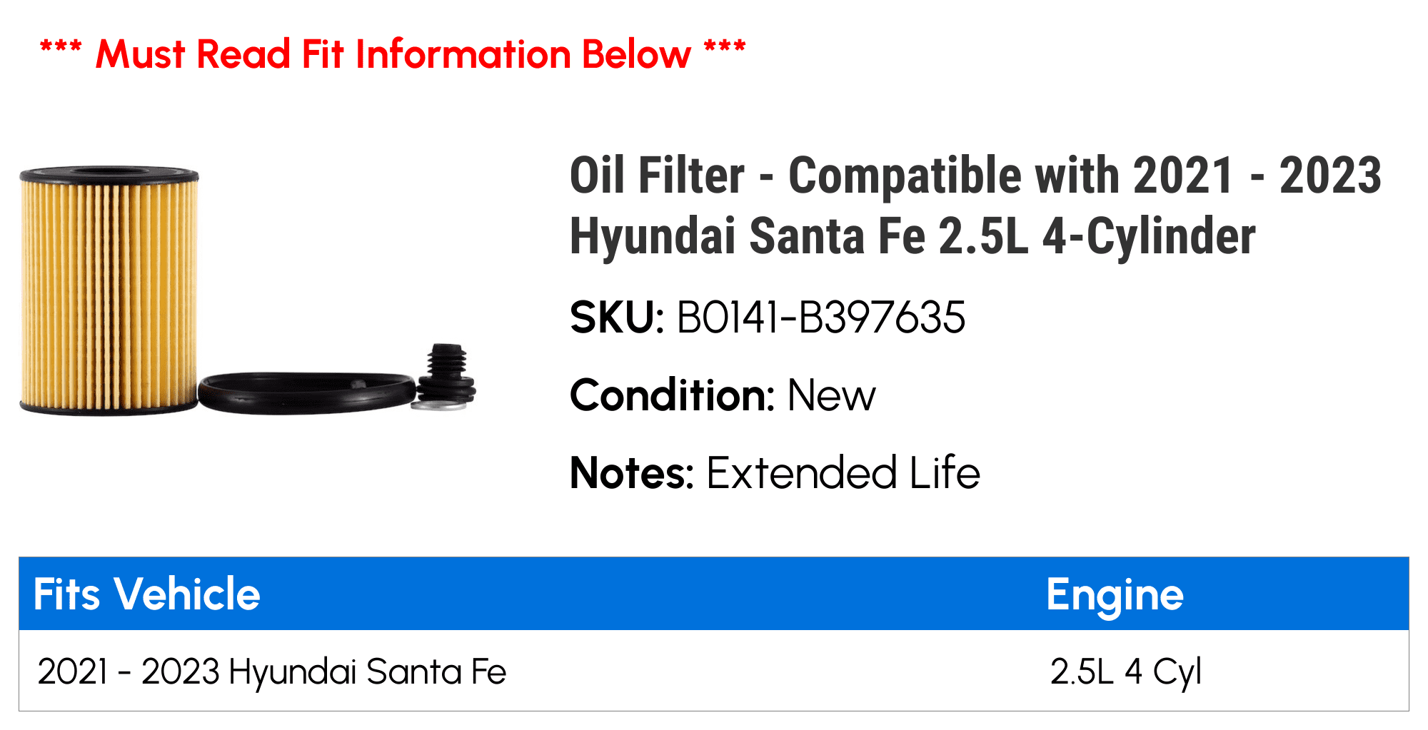 Oil Filter - Compatible with 2021 - 2023 Hyundai Santa Fe 2.5L 4-Cylinder 2022