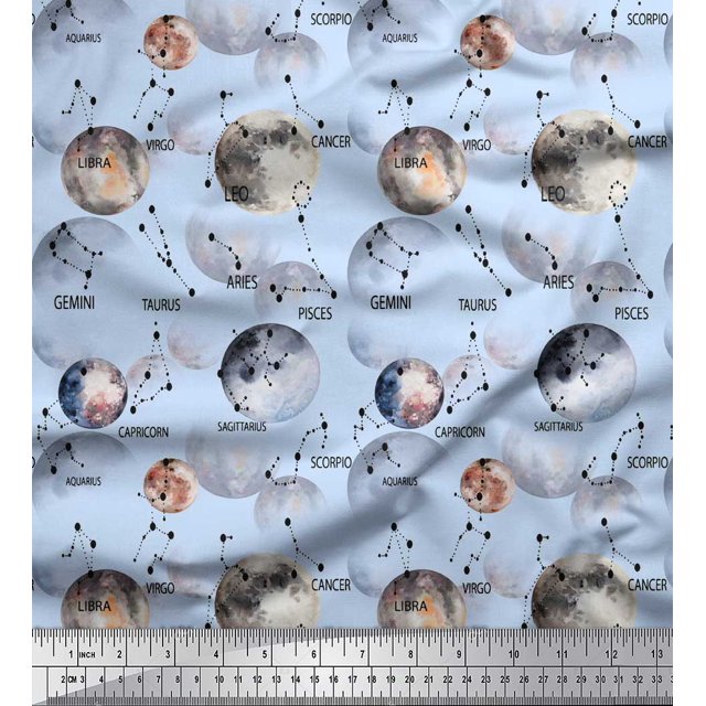 Soimoi Blue Velvet Fabric Zodiac Text & Planet Galaxy Printed Craft Fabric by the Yard 60 Inch Wide