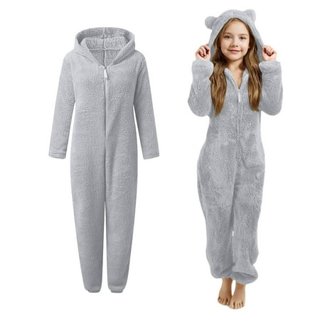 Cozy One Piece Pajamas for Kids Girls Pajamas with Bear-Eared Hood Fleece Zipper Onesie Pajamas One-Piece Sleepwear Winter Pajamas 5-6 Years