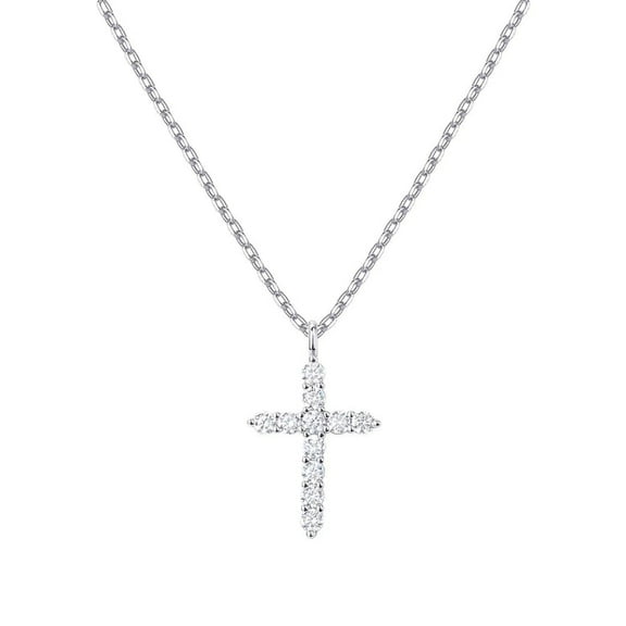 Bonjour Jewelers 18K White Gold Created White Sapphire Petite Cross Necklace Plated