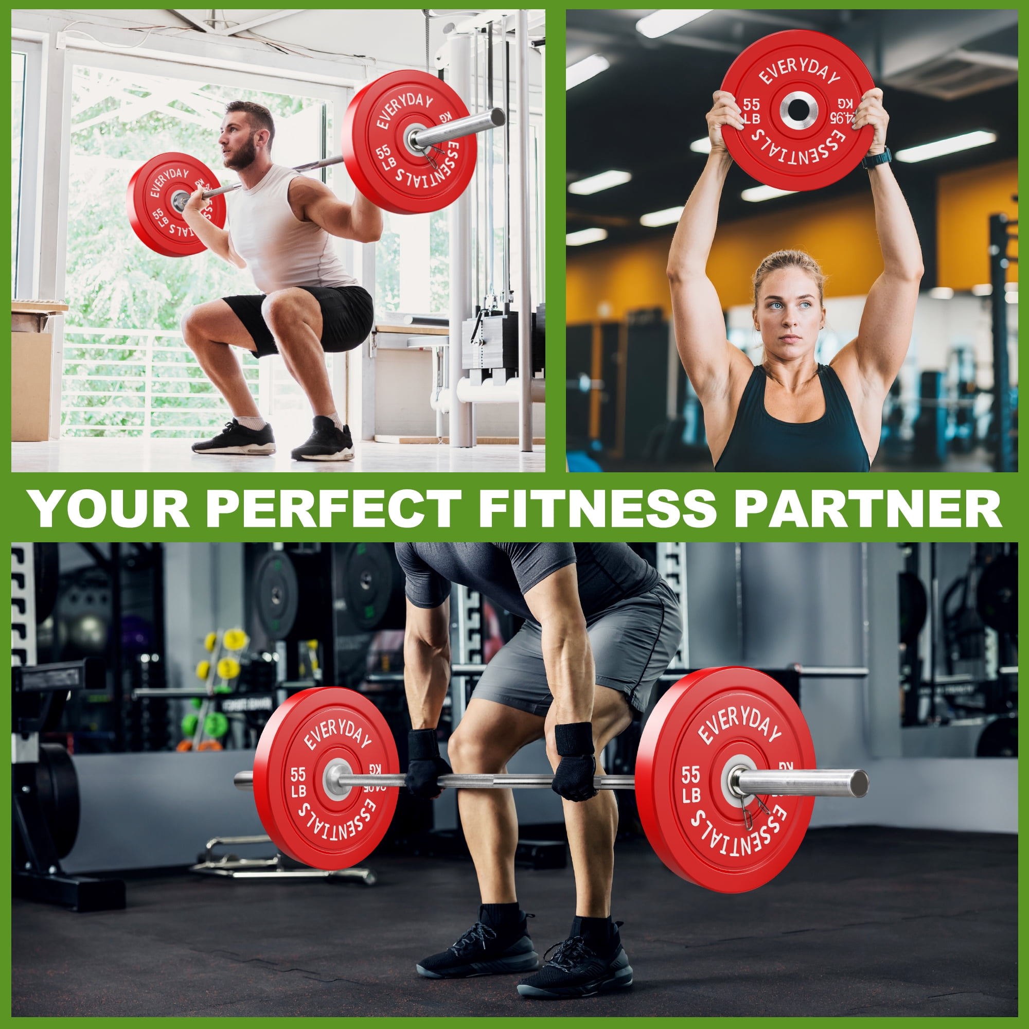 FlexWave Olympic Bumper Plates Pair 55LB, 2-Inch Rubber Barbell Plates with Steel Insert, Color-Coded Weight Plates for Weightlifting, Cross Training & Home Gym
