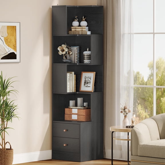 70.87" Tall Corner Bookshelf with Drawers, 90° Space Saving Corner Bookcase, White 5-Tier Display Storage Rack for Living Room & Home Office, Holds Up to 110 LBS