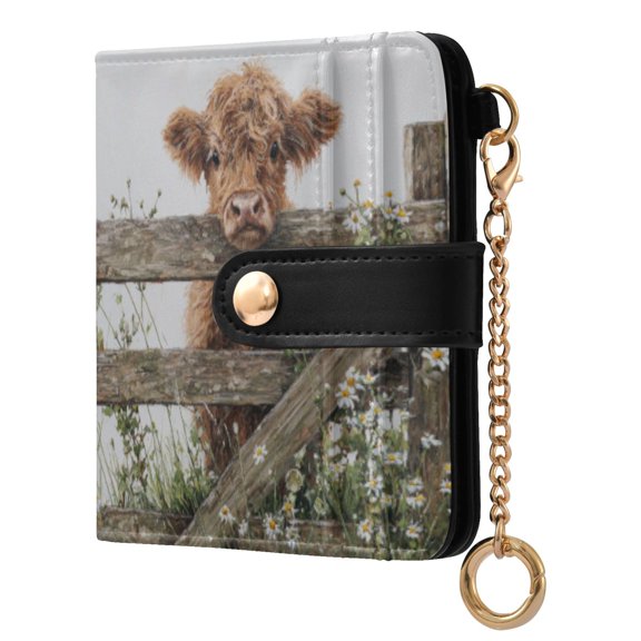 Womens Wallet PU Leather Bifold Small Purse with RFID Blocking Credit Card Holder Cute Highland Cow Peeking