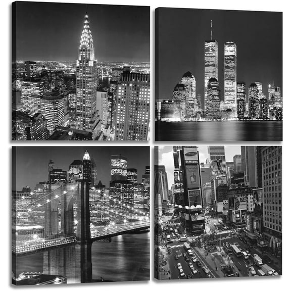 Black and White Wall Art Canvas New York City Night Scenes Modern Cityscape Building Artwork Picture Painting for Bedroom Home Office Living Room Decor 12”x12“x4 Panels