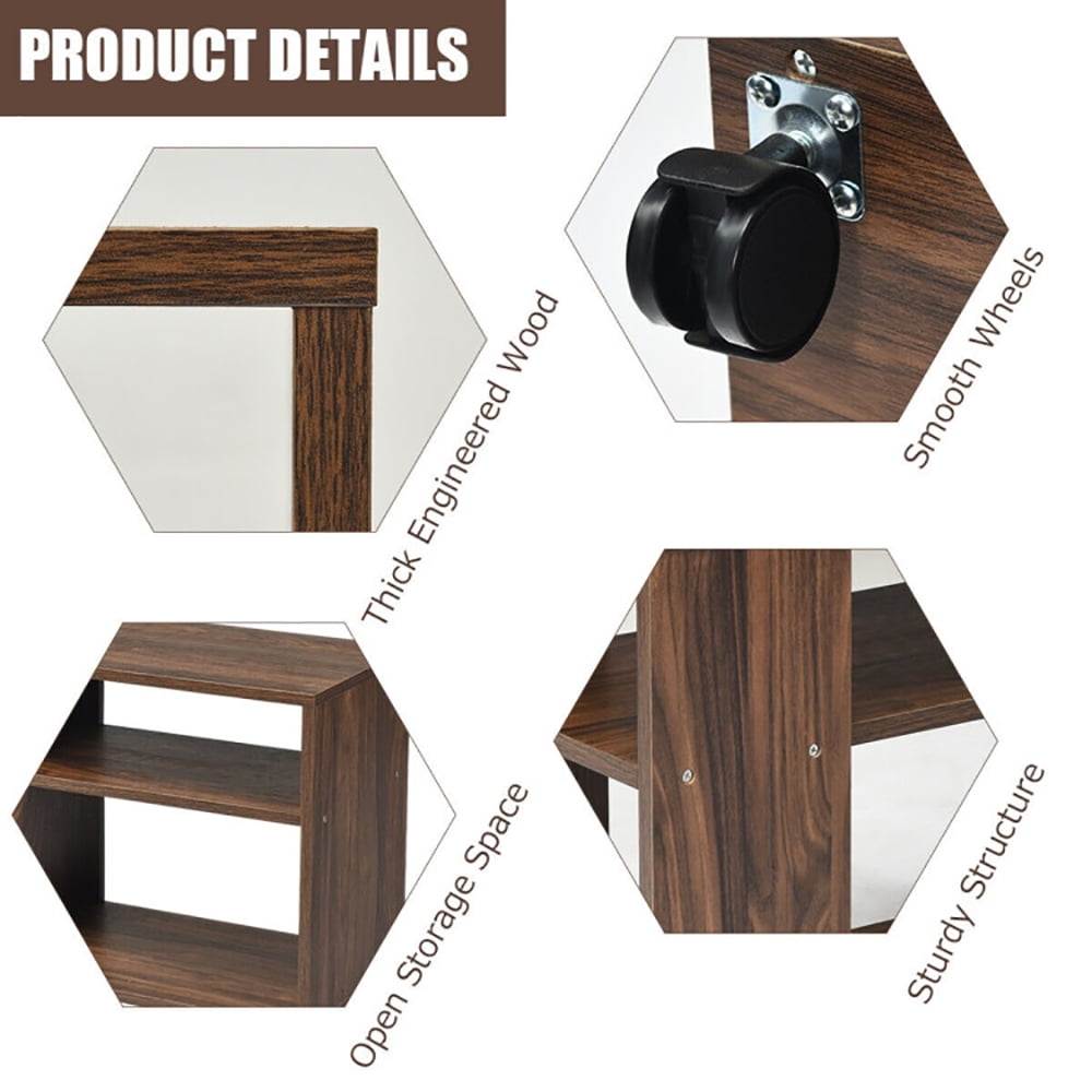 Finihen Side Table, Multifunctional 3-Tier Side Table with Wheels and Large Storage Shelf, for Living Room, Bedroom, Brown