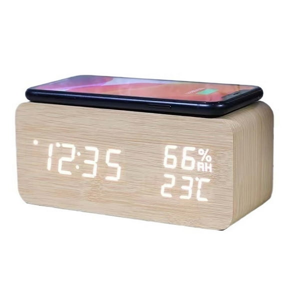 Wooden Digital Alarm Clock with Qi Wireless Charger, Large LED Display, Temp & Date for Bedroom Nightstand