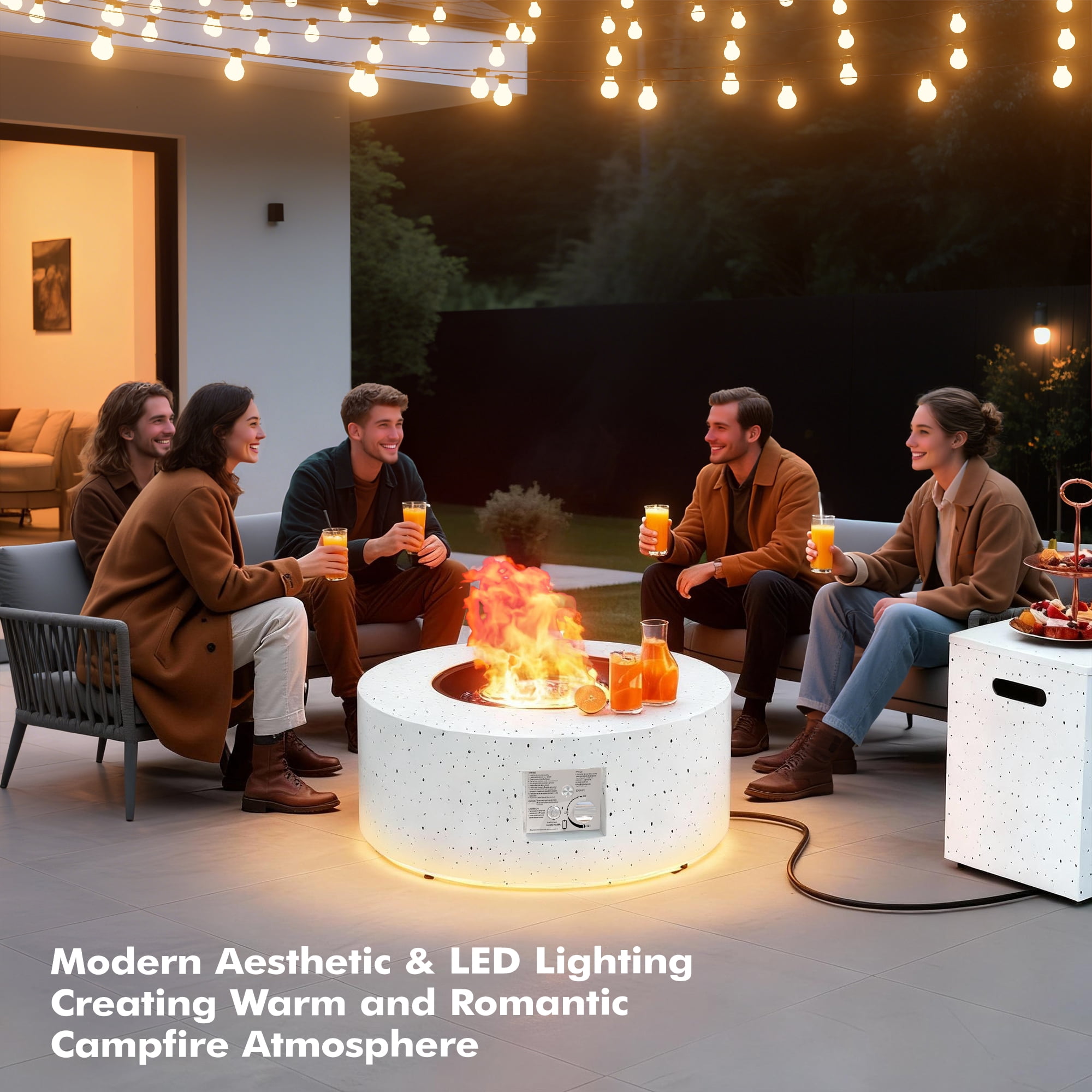 Vornel 30" Round Iron Fire Pit, 50000 BTU with LED Light & Lid, for Home & Camping（White/ Golden Light）