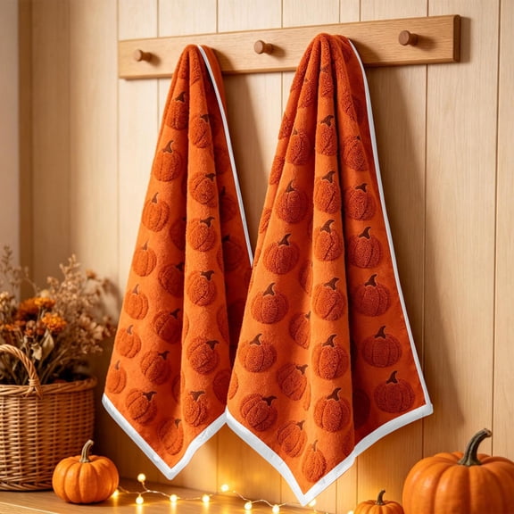 2 Pack Fall Pumpkin Embossed Hand Towels,Soft Absorbent Thanksgiving Halloween Decorative Kitchen Towels,Textured Pumpkin Dish Towels for Bathroom Farmhouse Autumn Table Decor,15.7x23.6 Inch