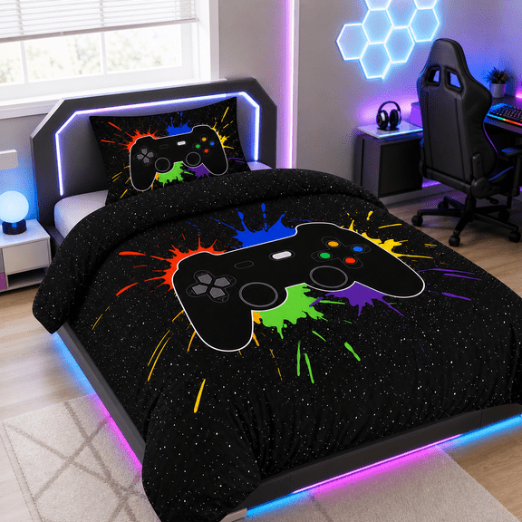 Gaming Comforter Set Twin for Kids Boys, 2-Piece Game Controller Bedding for All Season, 1 Comforter, 1 Pillow Shams
