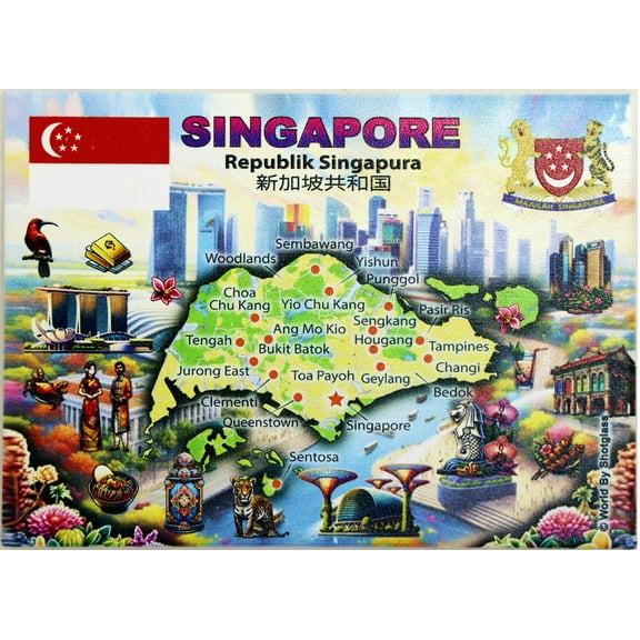 Singapore Graphic Map and Attractions Souvenir Fridge Magnet 2.5" X 3.5"