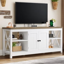 TV Stands for Living Room, Modern Entertainment Center with Power Outlets for Television up to 65 Inch, Farmhouse Media Console TV Cabinet with Adjustable Shelf & Open Shelves, White