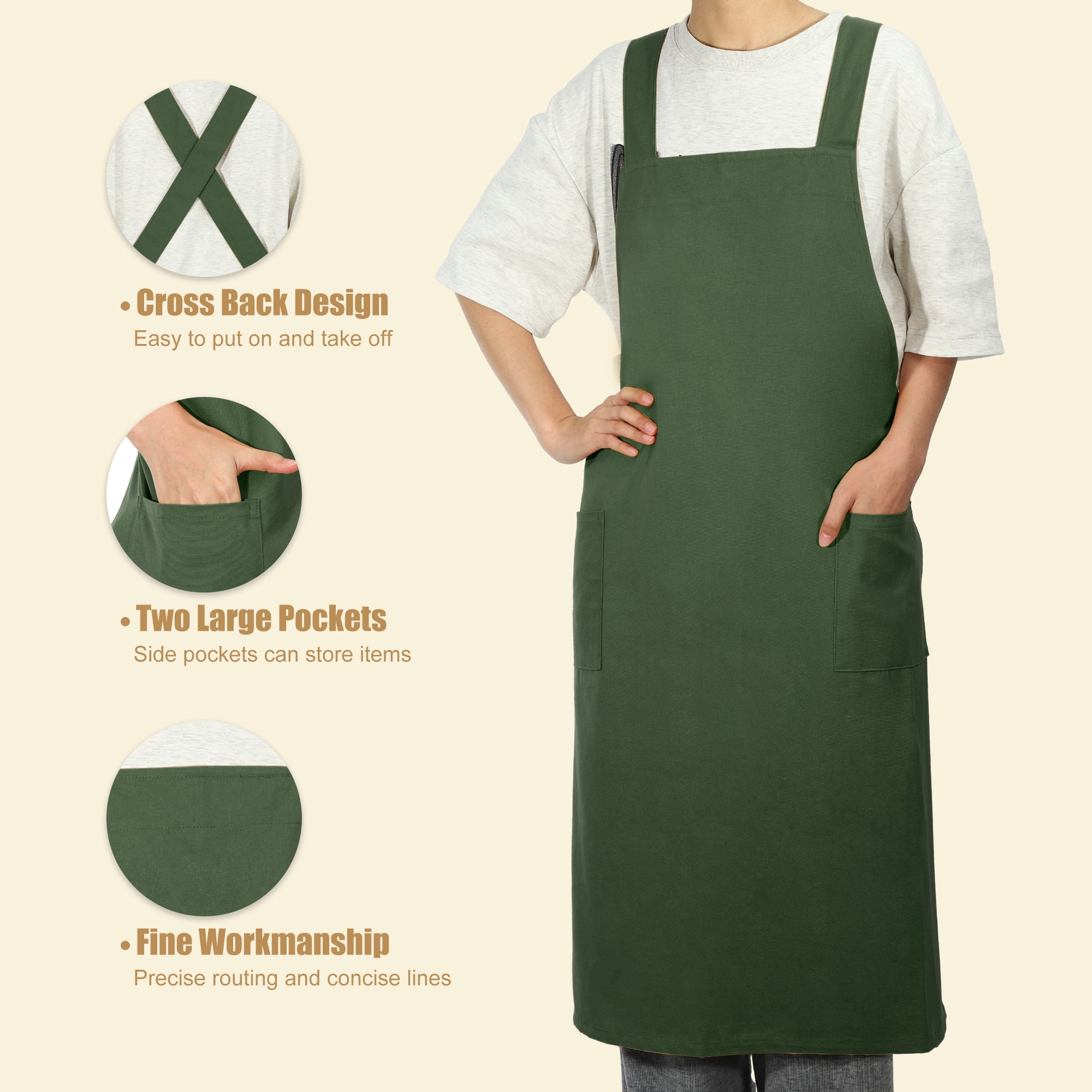 Unique Bargains Cotton Linen Apron Cross Back Apron with Pockets Dark Green
