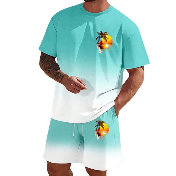 KKBOTIVE Men's 2 Piece Outfit Set Button Down Crewneck Short Sleeve Tee and Shorts Summer Adult Tracksuits, Mint Green Size: M