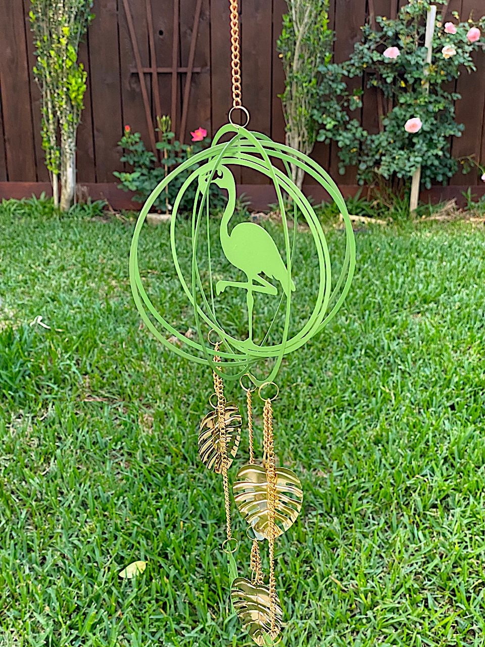 Wind Chime Flamingo Green & Gold 3D Sculpture Spinner Metal Hanging Decorations Ornaments Outdoor Lawn Yard Garden 31"