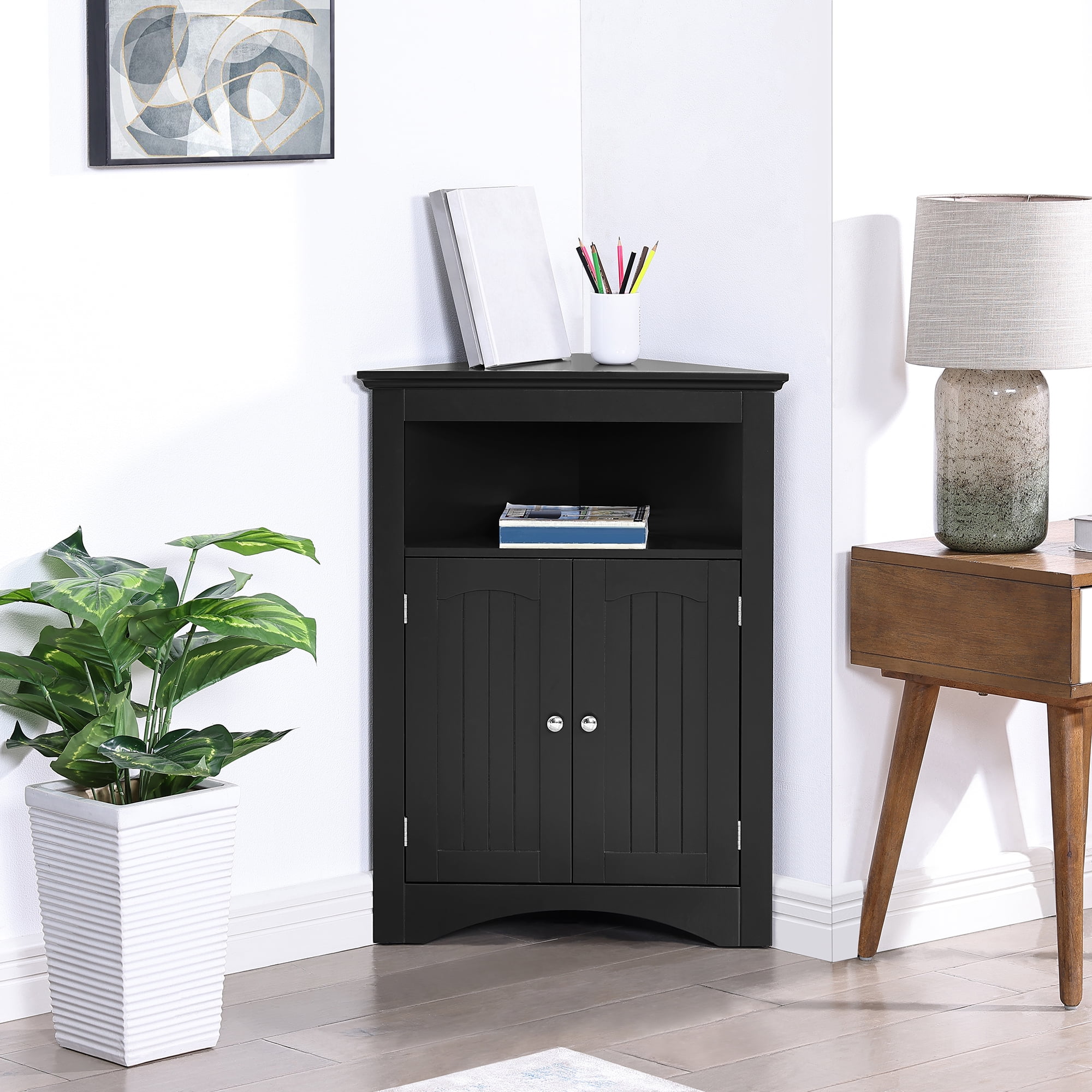 Small Corner Cabinet, Wood Corner Storage Organizer with 2 Doors, Adjustable Shelves, Open Storage, Pantry Cabinet for Living Room, Kitchen, Bathroom
