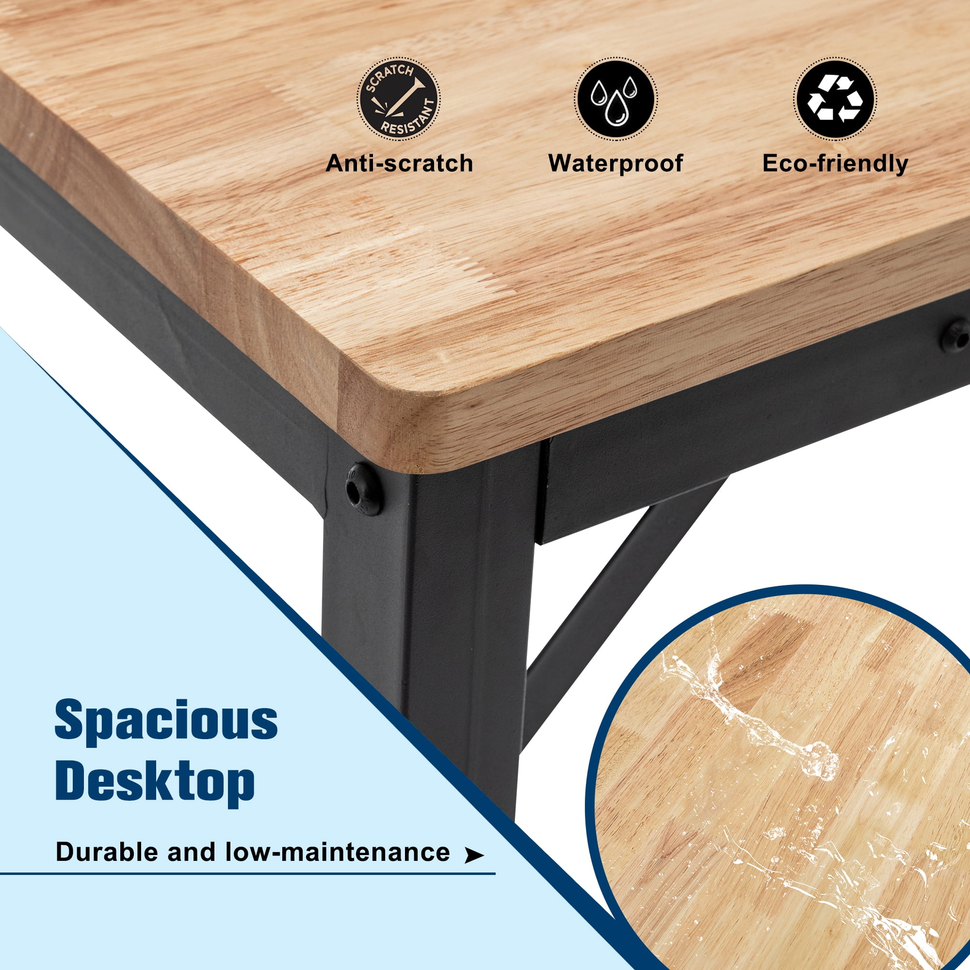 48" Heavy-Duty Adjustable Workbench for Garage, Rubber Wood Shop Table W/Rubber Pads, Hardwood Workstation Weight Capacity over 2000 Lbs
