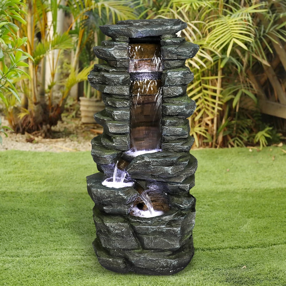 Watnature Outdoor Water Fountain with LED Lights Resin Waterfalls Decor 