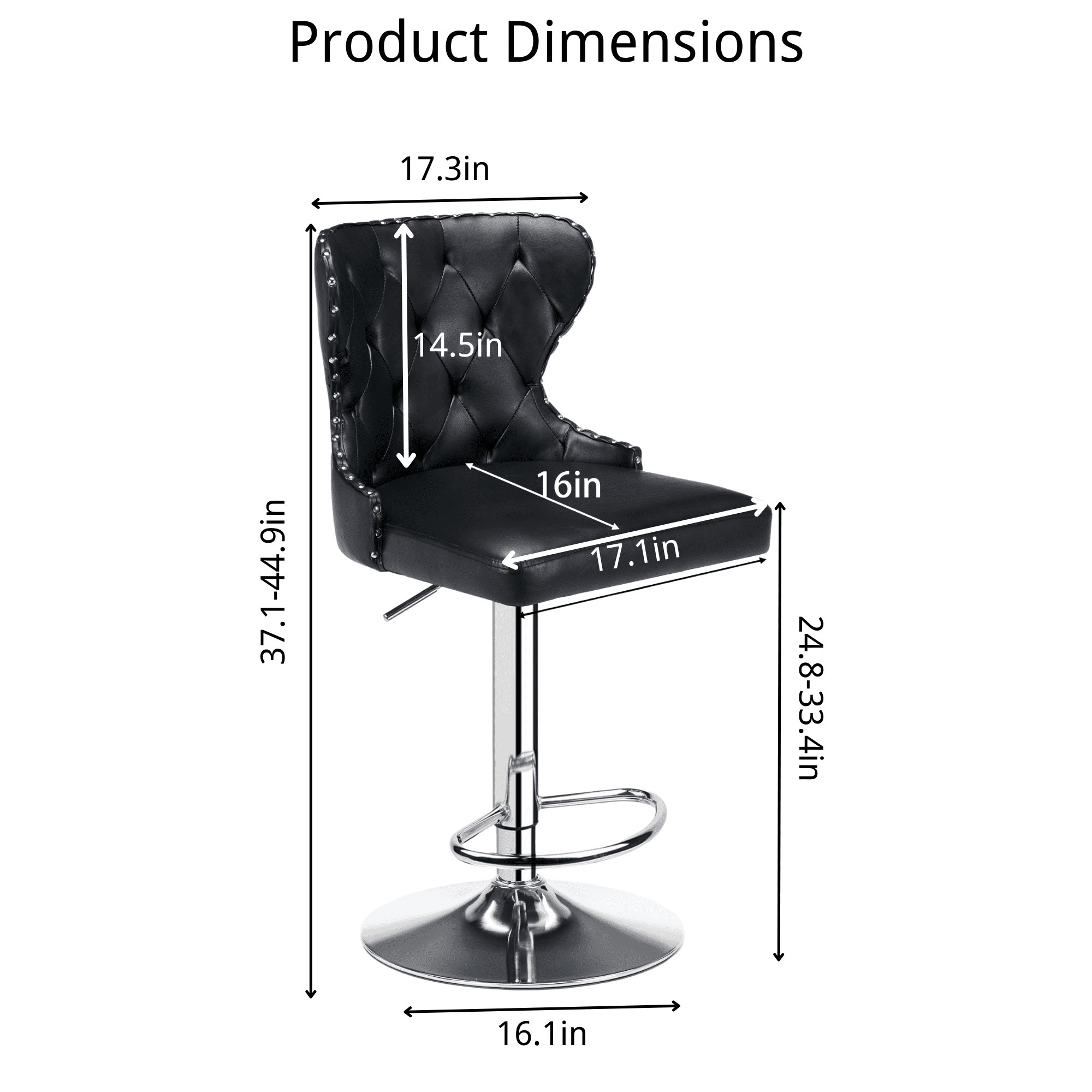 Set of 2 Adjustable Swivel Bar Stools,Faux Leather Upholstered Counter Height Chairs with Nailhead Trim, Silver Footrest, and High Back for Kitchen Island, Home Bar, Dining Room, Cafe,Black