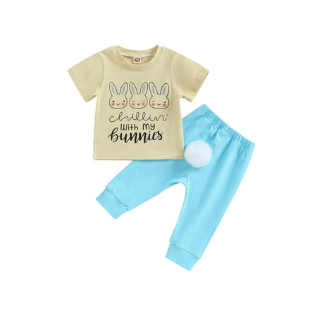 

Infant Toddler Baby Boy Easter Day Outfit Clothes Short Sleeve Bunny Letter Printed T-Shirt Tops and Jogger Pants Set