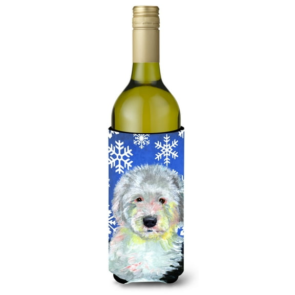 Old English Sheepdog Winter Snowflakes Holiday Wine Bottle Hugger