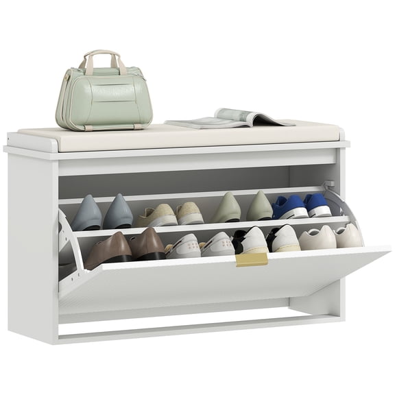 Slim White Shoe Storage Bench with Padded Seat, MDF Slat Design Entryway Bench with Flip-Down Compartment for 8 Pairs of Shoes, Small Space Organizer for Hallway or Bedroom