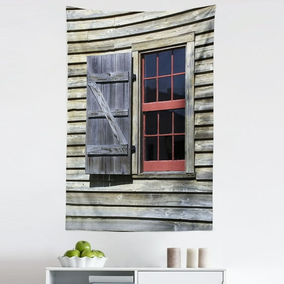 Country Tapestry, Original Wooden Window Shutters in Historical Village Image Cottage Theme Print, Fabric Wall Hanging Decor for Bedroom Living Room Dorm, 5 Sizes, Red Brown, by Ambesonne