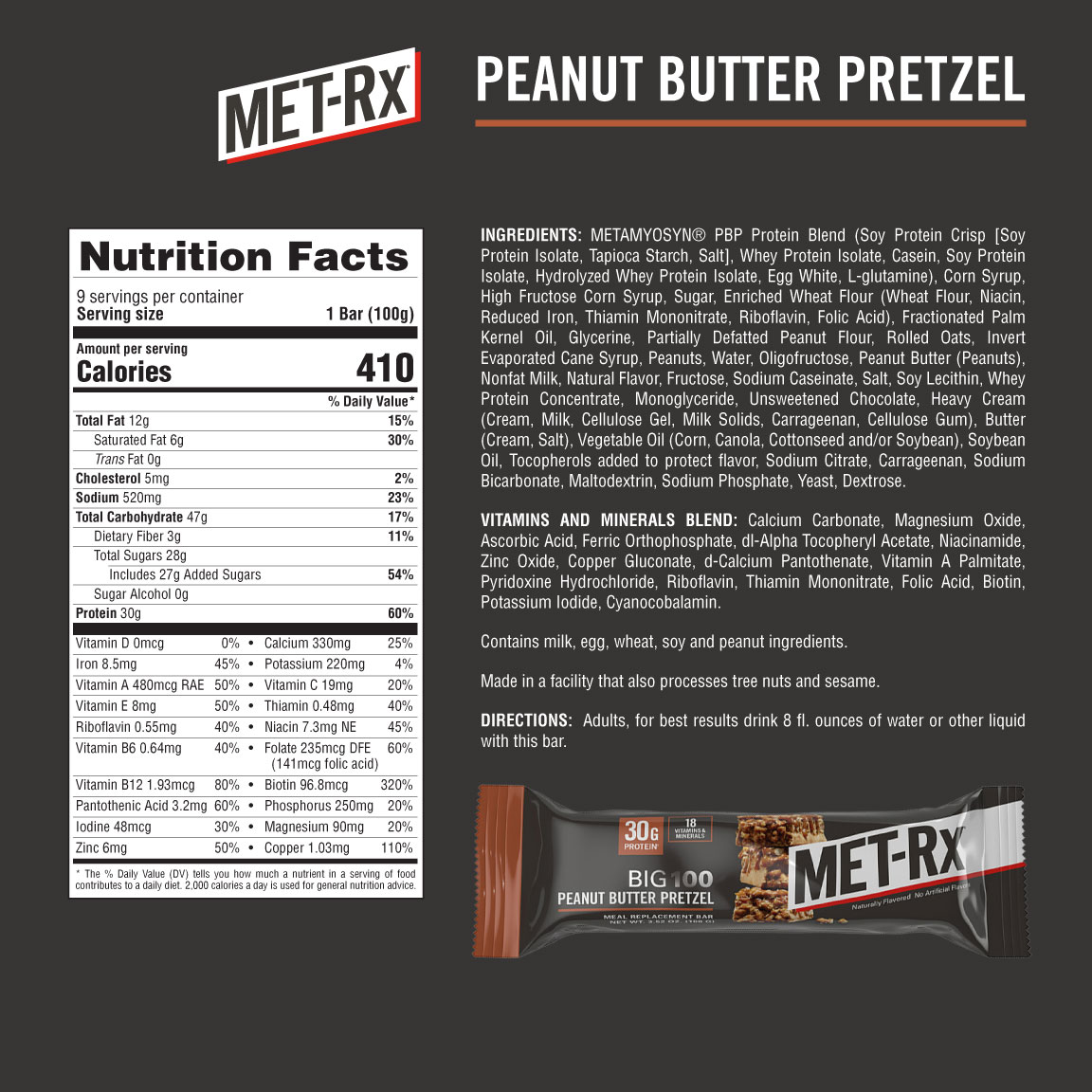 MET-Rx Big 100 Protein Bar, Peanut Butter Pretzel, 30g Protein, 9 Ct - image 4 of 11