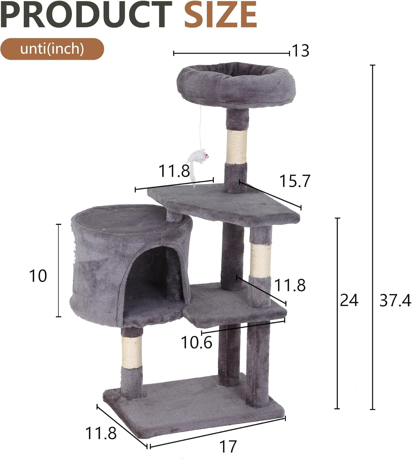 FDW Cat Tree 37 Inch Tall Cat Tower Kitten with Scratching Posts and Perches Indoor Activity Center for Cats (Light Grey)