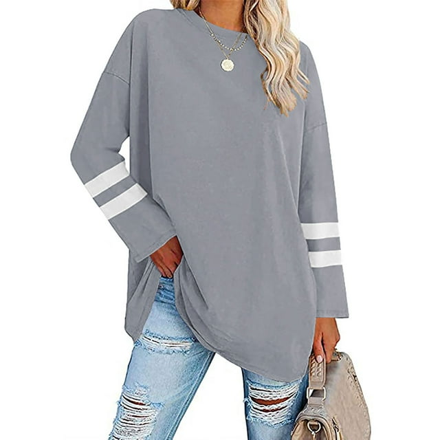 Fashnice T-shirt Femme Col Rond T-shirt Manches Longues Tee Tunique Ample Automne Blouse Gris Clair G