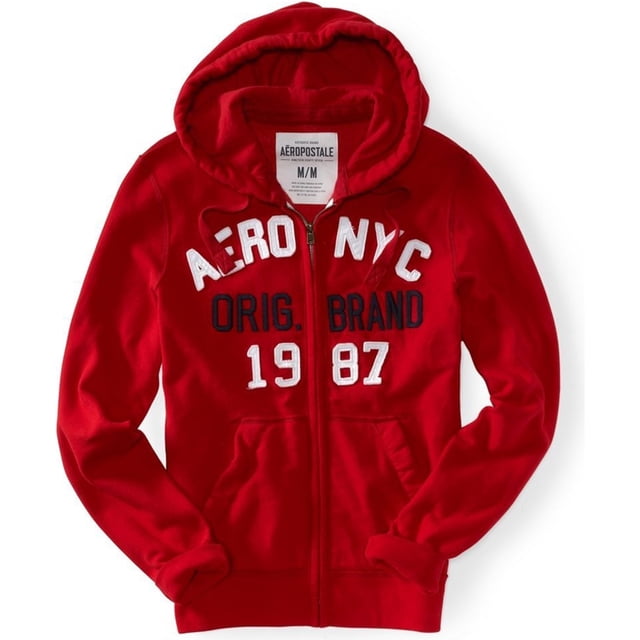 aeropostale - sudadera con capucha y forro polar con cremallera completa para hombre, color rojo, pequeño aeropostale sudadera Sudadera roja de hombre, vista frontal centrada con cremallera completa y capucha con cordón. Bordado en el pecho "AERO NYC", "ORIG. BRAND" y "1987", bolsillos tipo canguro, puños y cinturilla acanalados y forro polar visible en la capucha; también apta para capas ligeras al viajar o uso casual en gimnasio.
