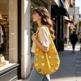 thumbnail image 4 of Woven Mesh Tote Bag, Crochet Shoulder Bag Knitted Handbag with Colorful Floral Embellishments for Beach Vacation Daily Use,Yellow, 4 of 6