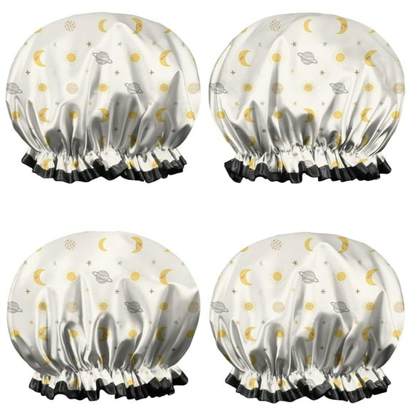 Shower Caps,Beige Sun Moon Planet Star Pattern Waterproof Shower Cap for Women 4 Pieces,Double Reusable Hair Cover for Shower PEVA Elastic Stretch Hem