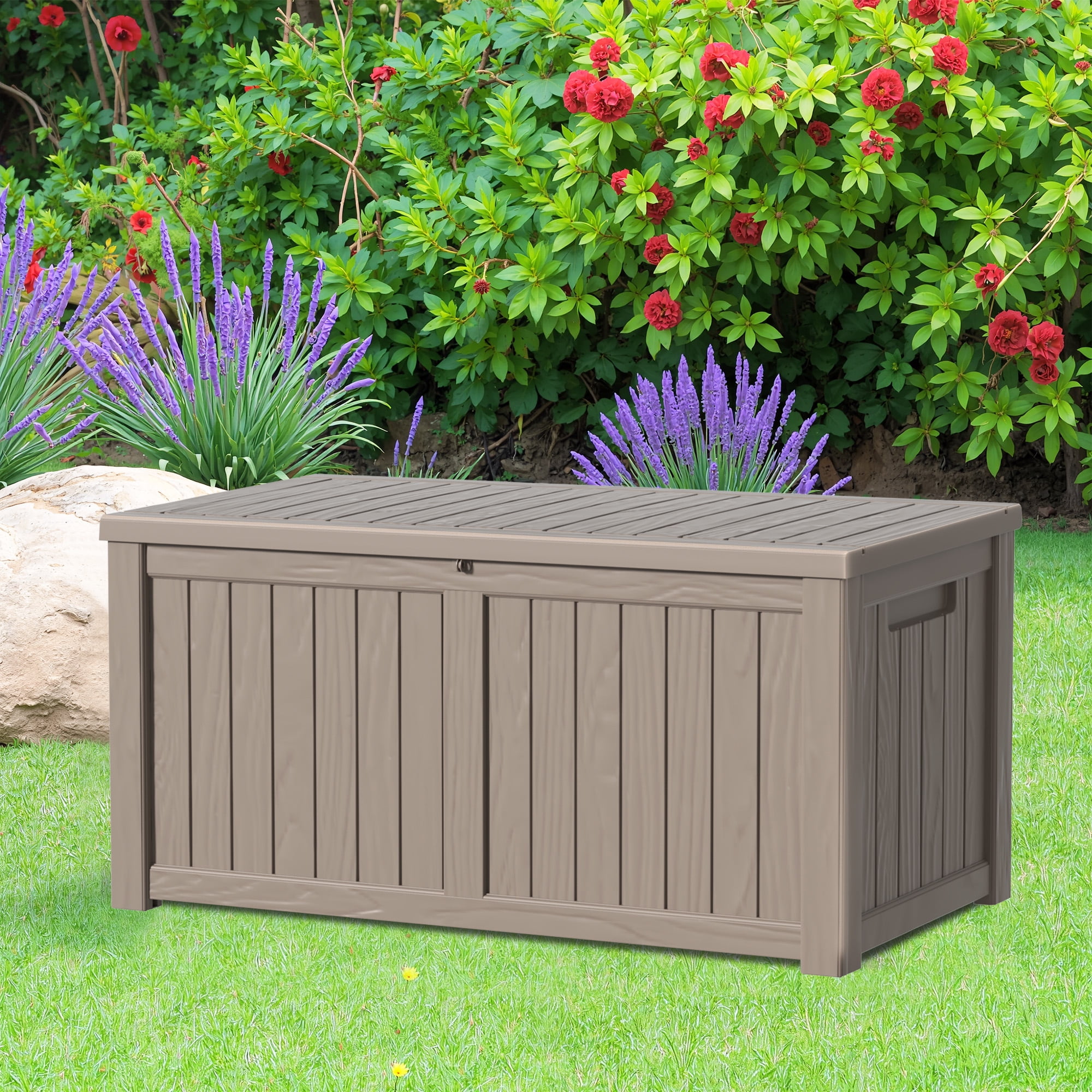 MAYEERTY 120 Gallon Outdoor Deck Box, Large Capacity Storage Box for Patio Furniture Cushions, Pillow with Wheels, Light Brown
