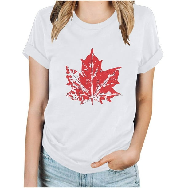 Camisetas de Manga Corta para Mujeres Canadá Día Hoja de Arce Impresión Básica de Verano Tee, Cuello Redondo Camiseta Casual