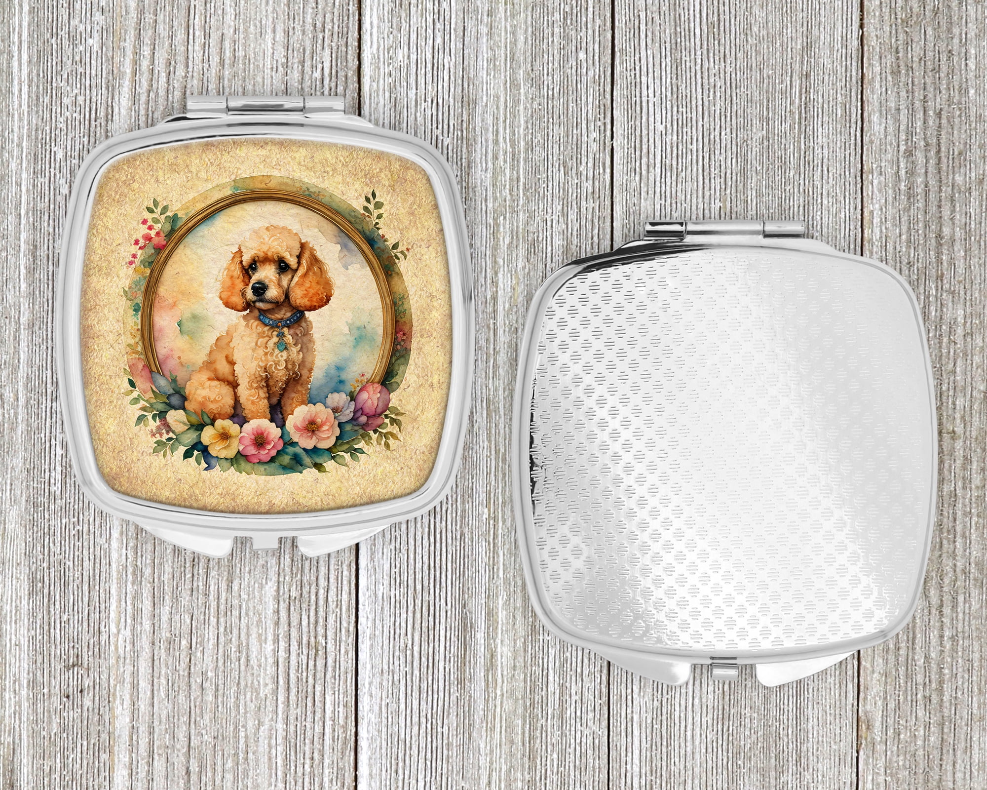 Poodle and Flowers Compact Mirror 2.75 in x 3 in