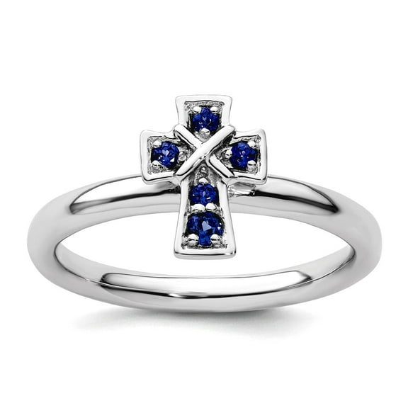 2.25mm 925 Sterling Silver Stackable Rhodium Created Sapphire Religious Faith Cross Ring Size 7 Stackable Ring for Women