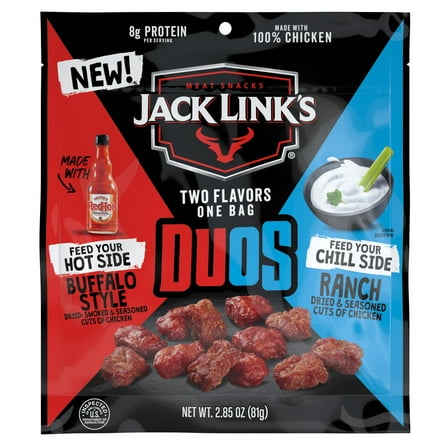 Jack Link's Chicken Bites DUOs – Frank's RedHot Buffalo Style & Ranch, 2.85oz, 8g of protein per serving, Resealable Bag