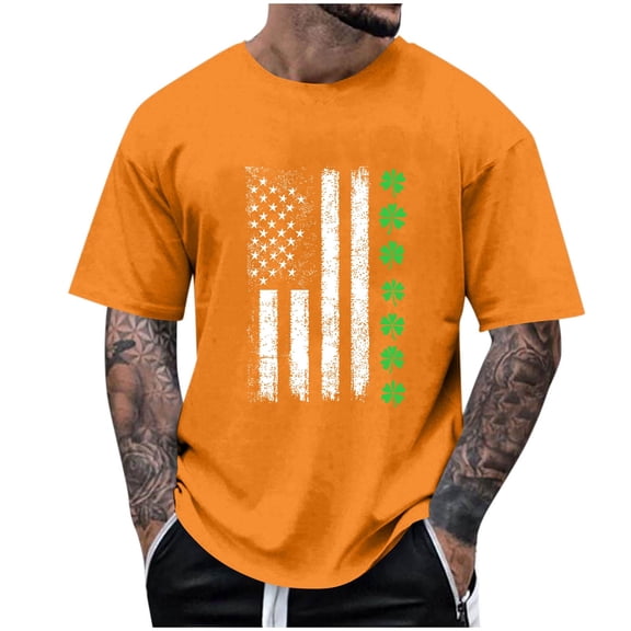 Ceisia Men's Loose Fit St. Patrick's Day Distressed American Flag & Shamrock Print Crew Neck T-Shirt Gifts