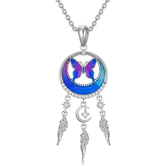 SOULMEET S925 Sterling Silver Dream Catcher Necklace for Women Purple Butterfly Pendant Necklace with Dreamcatcher Jewelry Gift for Her
