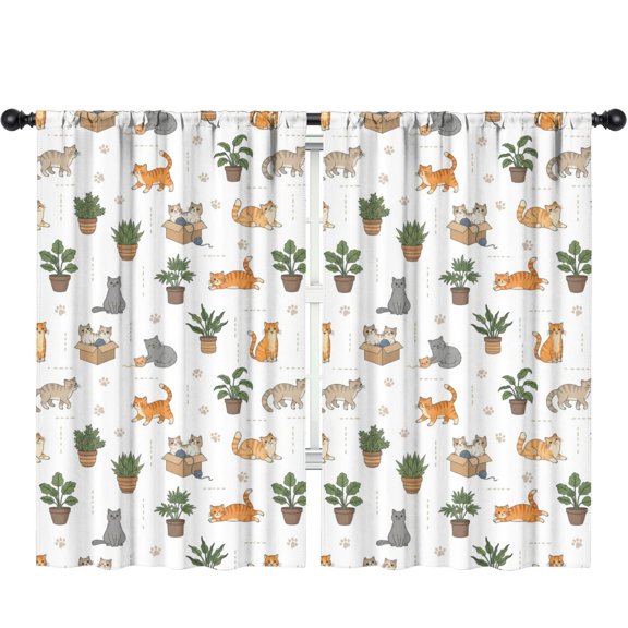 Blackout Kids Curtains,Cat and Houseplant White Pattern Children's Insulated Curtains Set Of 2,Bedroom Essentials,Toddler Room Decor 52"x84"