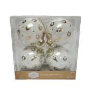 Holiday Time White and Gold Leopard Print, 90 mm Glass Ball Ornament Set, 4 Pack