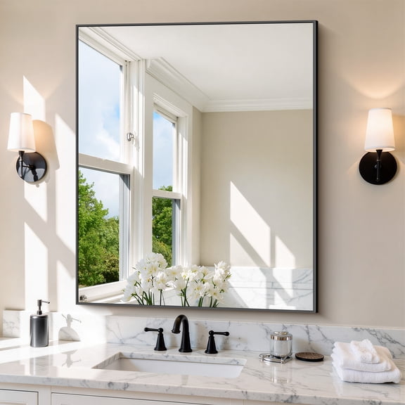 VONIGEE Black Bathroom Mirror 30x36 Inch Large Rectangle Wall Mirror with Metal Frame for Bathroom, Vanity, Living Room & Entryway, Modern Farmhouse Decor, Horizontal/Vertical Mounting