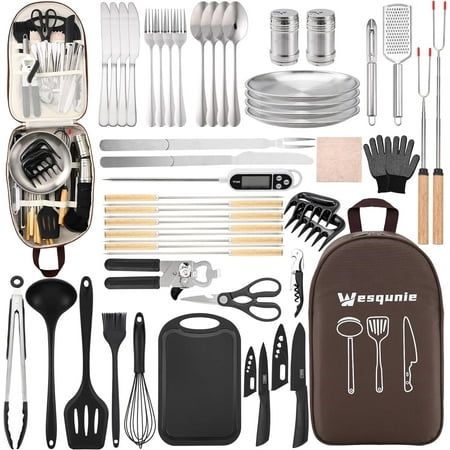 Camping Cooking Kitchen Essentials Set, Camper Must Haves Cookware Kit, Outdoor Portable Travel Cook Utensils Set, Survival Gear and Supplies, Camping Cooking Gifts for Men & Women