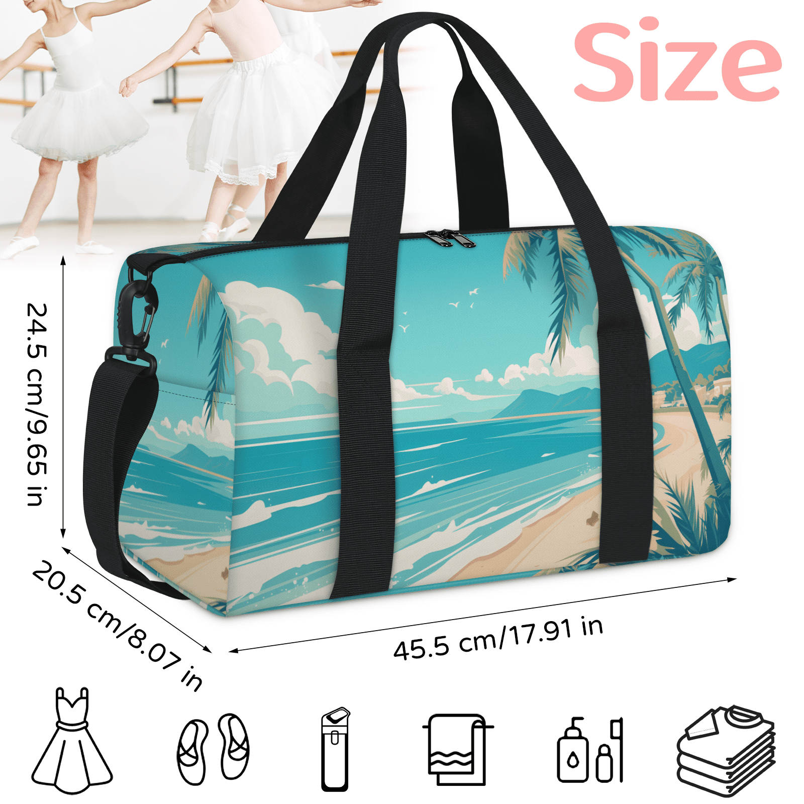 Herdesigns Ocean Beac Gym Bag for Women, Duffle Bag for Travel Sport, Palm Tree Lightweight Waterproof Carry on Weekender Dance Yoga Workout Bags