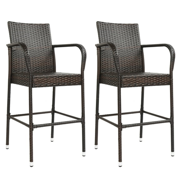 Patio Bar Stools Set of 2, Wicker Barstools Rattan Bar Chairs Armless for Backyard, Poolside, Deck, Brown